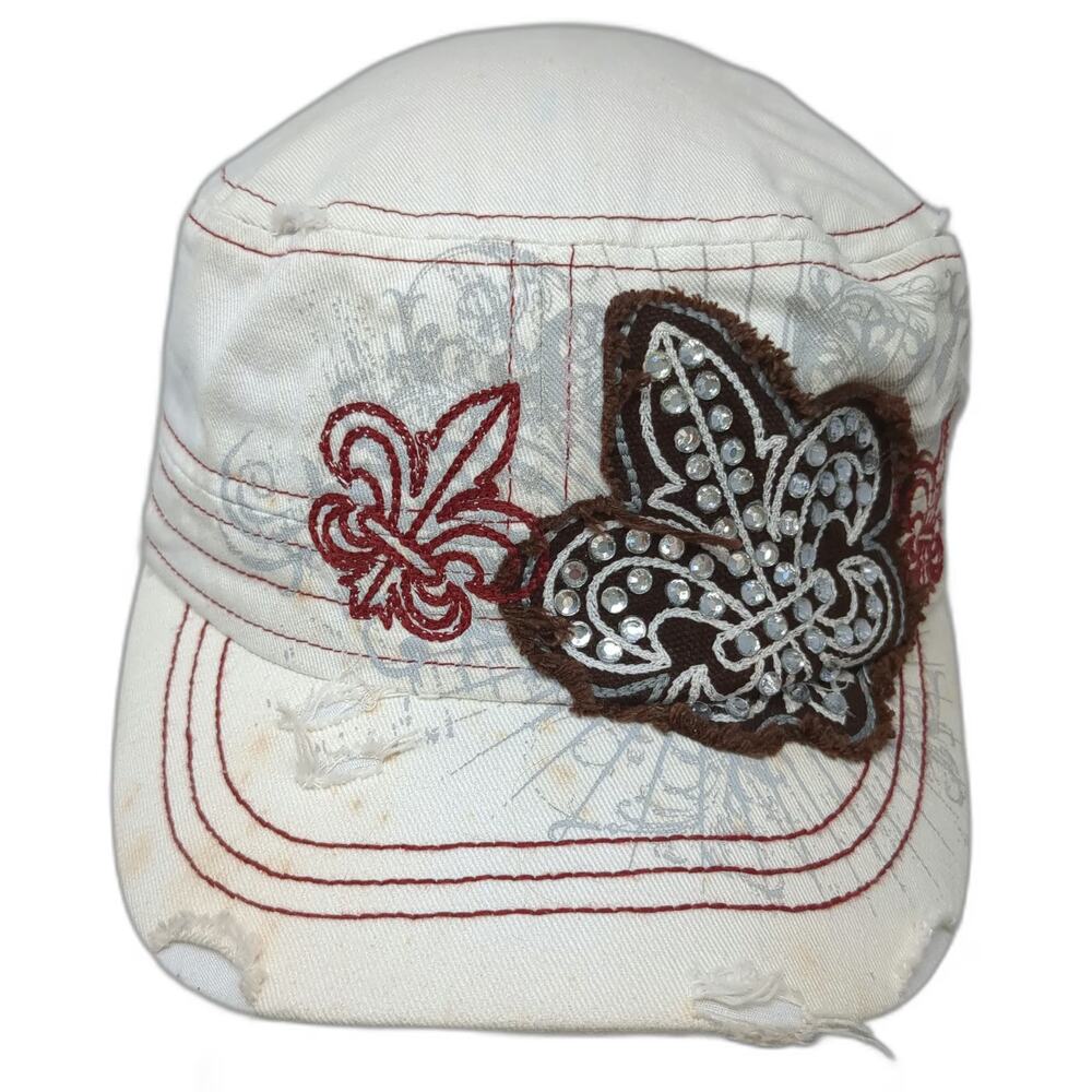 Leader Army Cap White One Size Sequined Fleur-de-Lis Distressed Cotton Hat